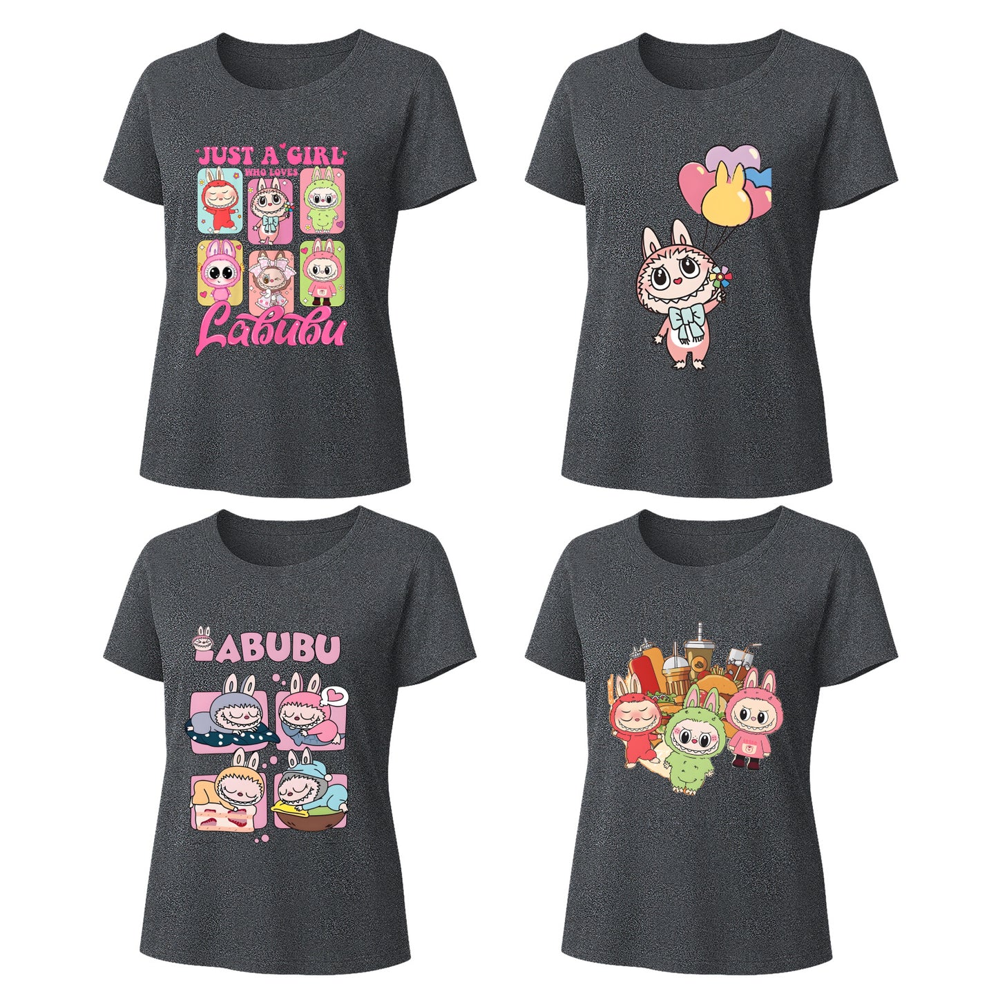 Labubu T-Shirt 4 Pack, Short Sleeve Crew Neck Tees, Summer Graphic Tops for Women, Unisex S-3XL