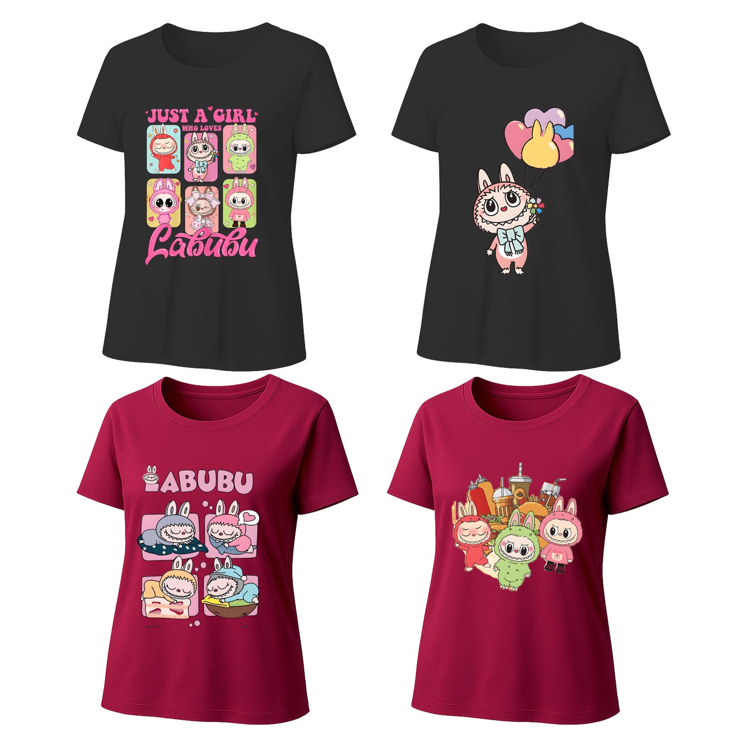 Labubu T-Shirt 4 Pack, Short Sleeve Crew Neck Tees, Summer Graphic Tops for Women, Unisex S-3XL