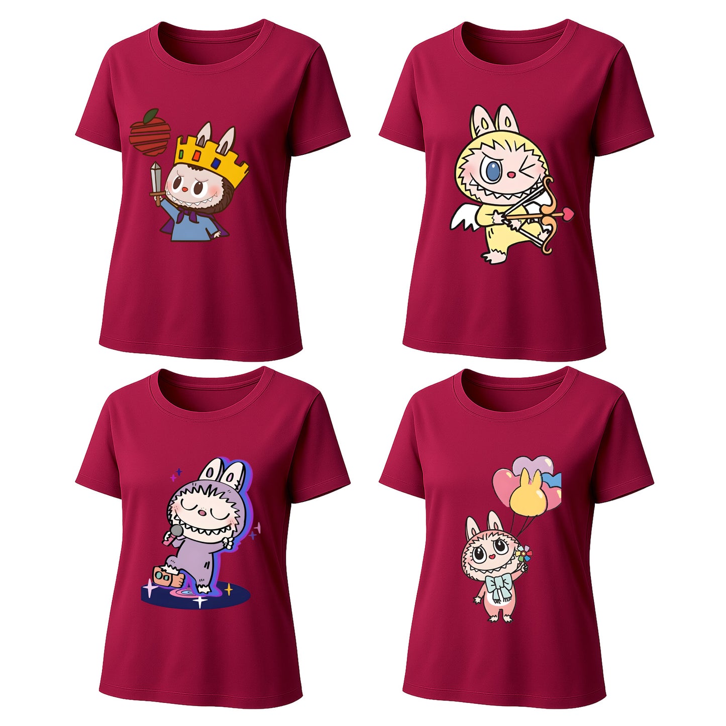 4 Pack Labubu Graphic T-Shirts Loose Fit Short Sleeve Summer Tees