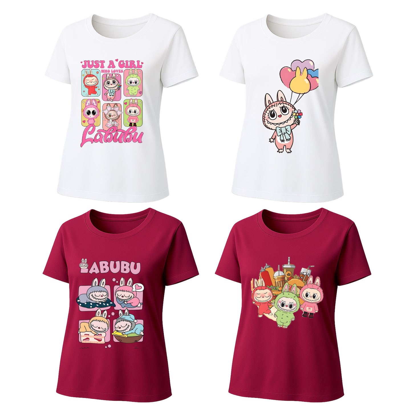 Labubu T-Shirt 4 Pack, Short Sleeve Crew Neck Tees, Summer Graphic Tops for Women, Unisex S-3XL