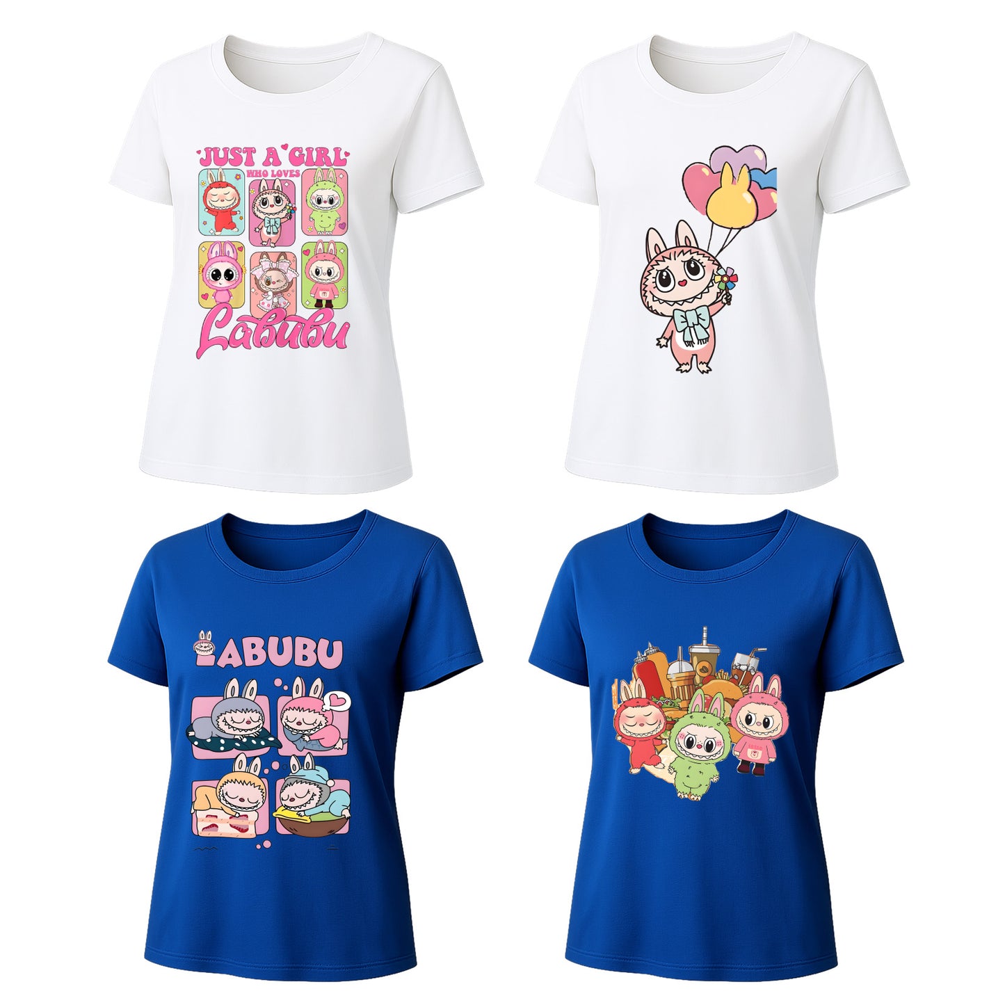 Labubu T-Shirt 4 Pack, Short Sleeve Crew Neck Tees, Summer Graphic Tops for Women, Unisex S-3XL