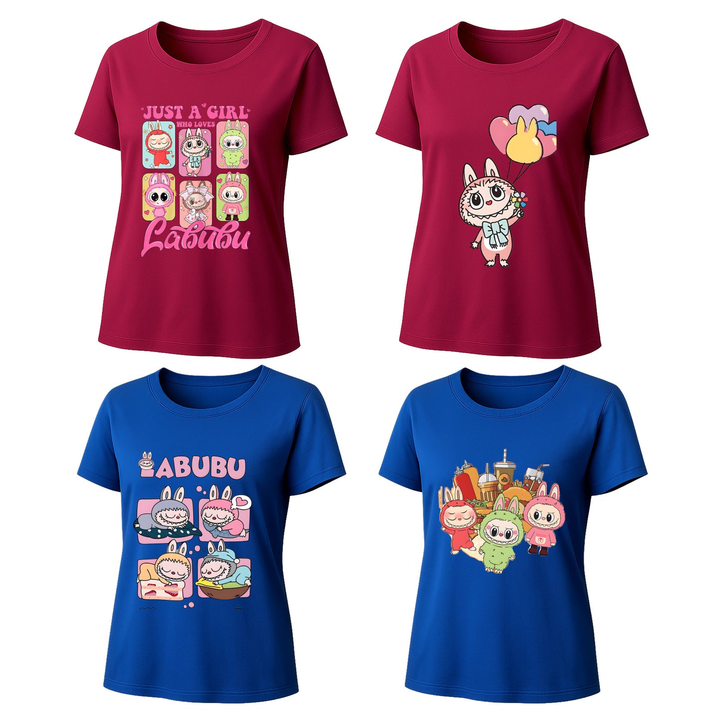 Labubu T-Shirt 4 Pack, Short Sleeve Crew Neck Tees, Summer Graphic Tops for Women, Unisex S-3XL
