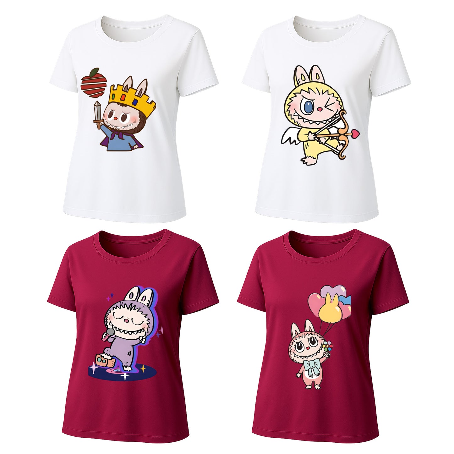4 Pack Labubu Graphic T-Shirts Loose Fit Short Sleeve Summer Tees