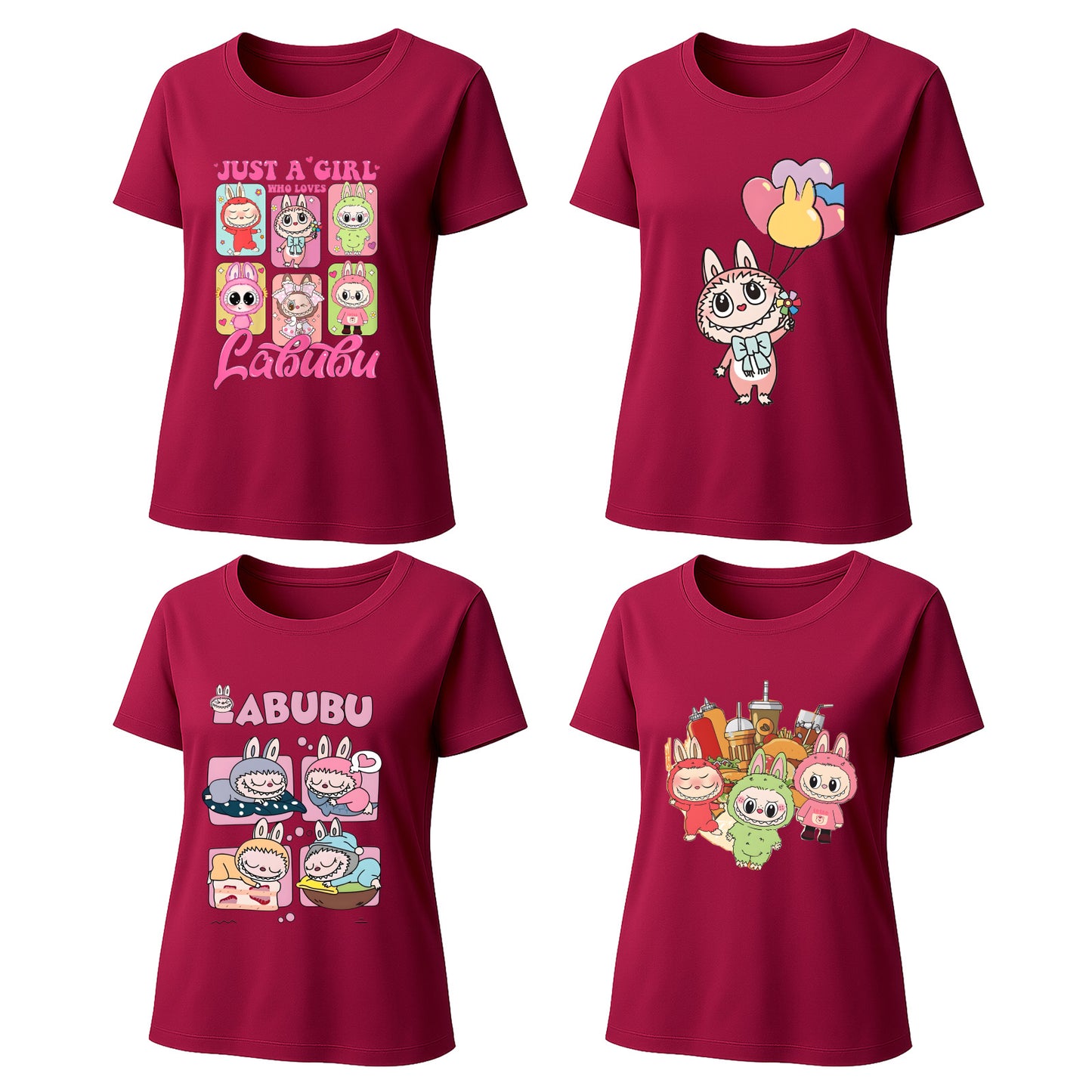 Labubu T-Shirt 4 Pack, Short Sleeve Crew Neck Tees, Summer Graphic Tops for Women, Unisex S-3XL