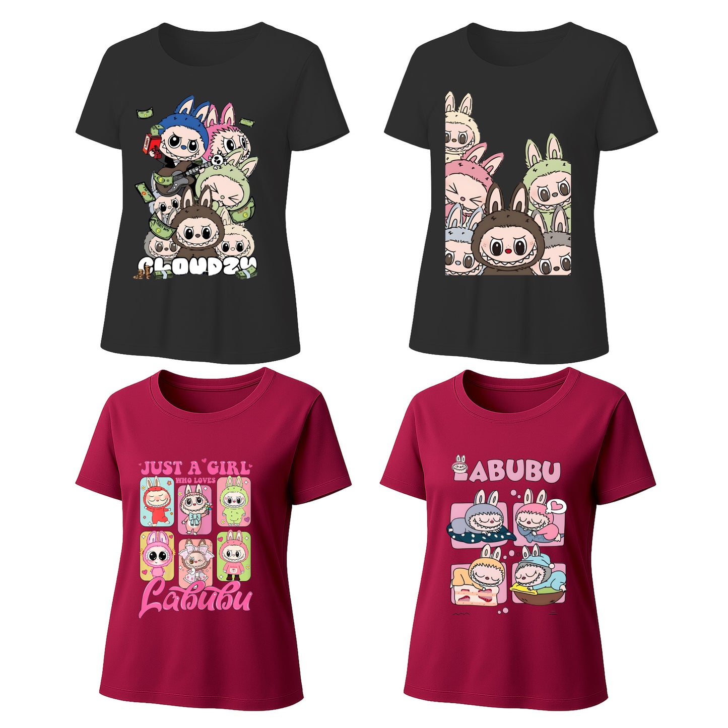 Labubu Graphic T-Shirts 4 Pack, Loose Fit Short Sleeve Tees with 4 Designs for Labubu Lover