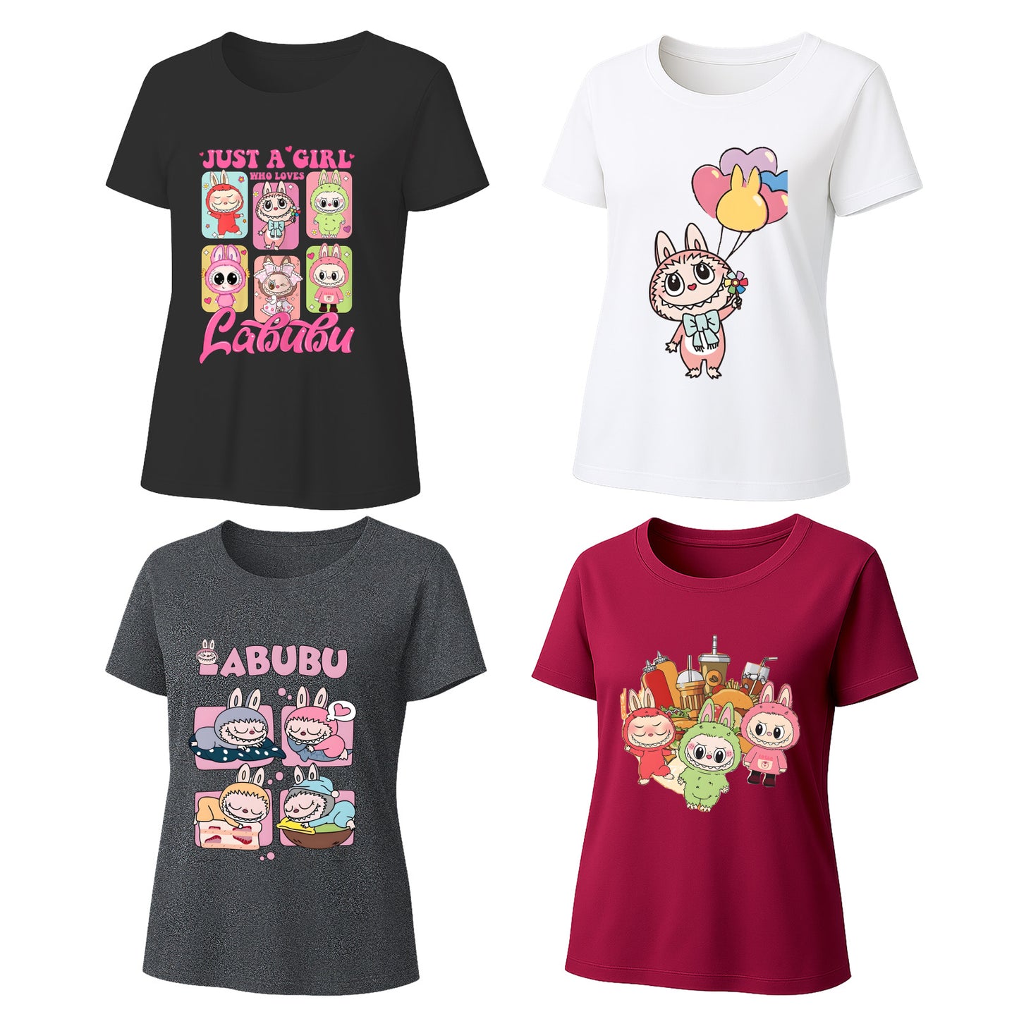 Labubu T-Shirt 4 Pack, Short Sleeve Crew Neck Tees, Summer Graphic Tops for Women, Unisex S-3XL
