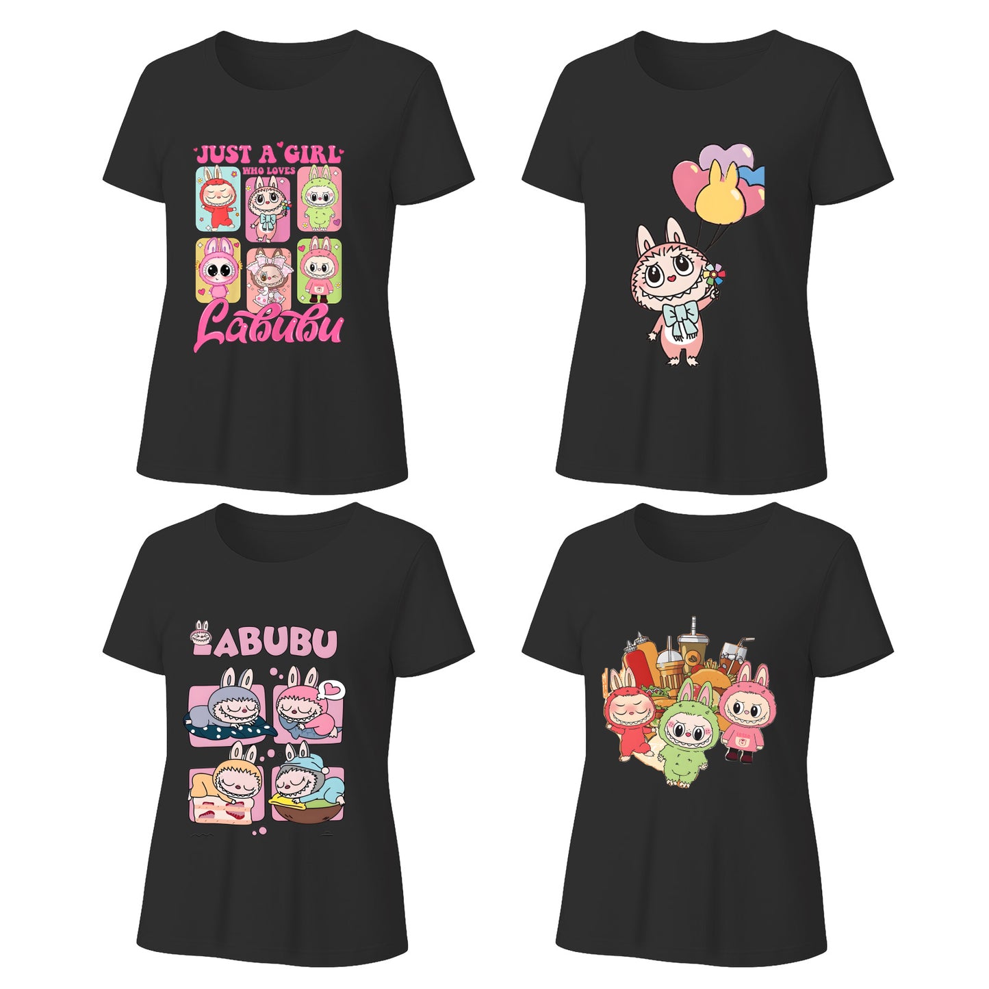 Labubu T-Shirt 4 Pack, Short Sleeve Crew Neck Tees, Summer Graphic Tops for Women, Unisex S-3XL