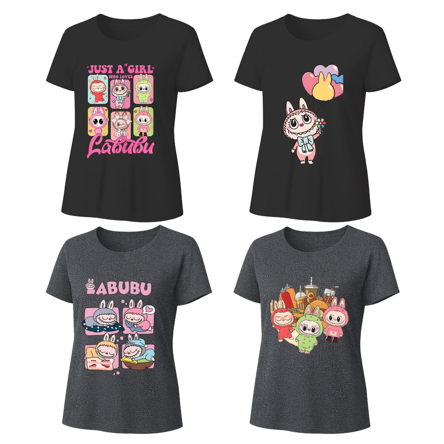 Labubu T-Shirt 4 Pack, Short Sleeve Crew Neck Tees, Summer Graphic Tops for Women, Unisex S-3XL