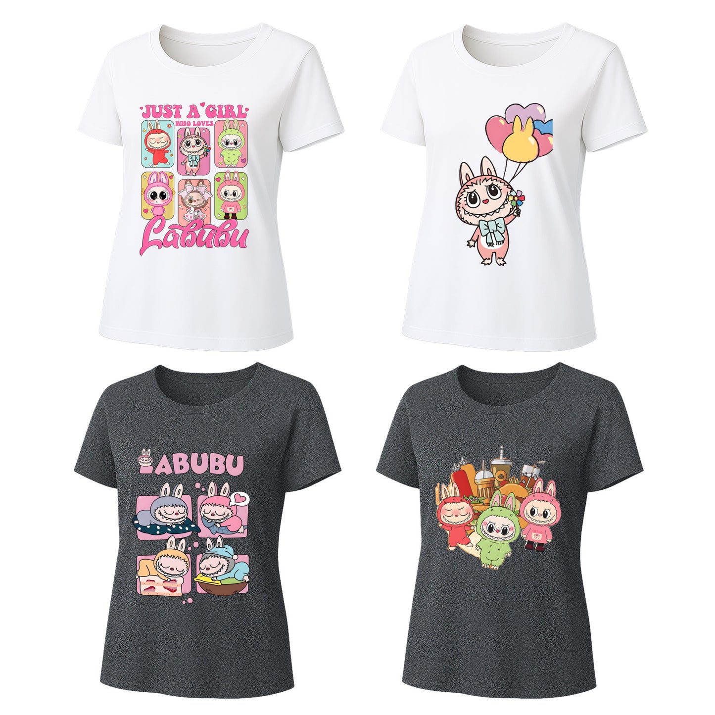 Labubu T-Shirt 4 Pack, Short Sleeve Crew Neck Tees, Summer Graphic Tops for Women, Unisex S-3XL