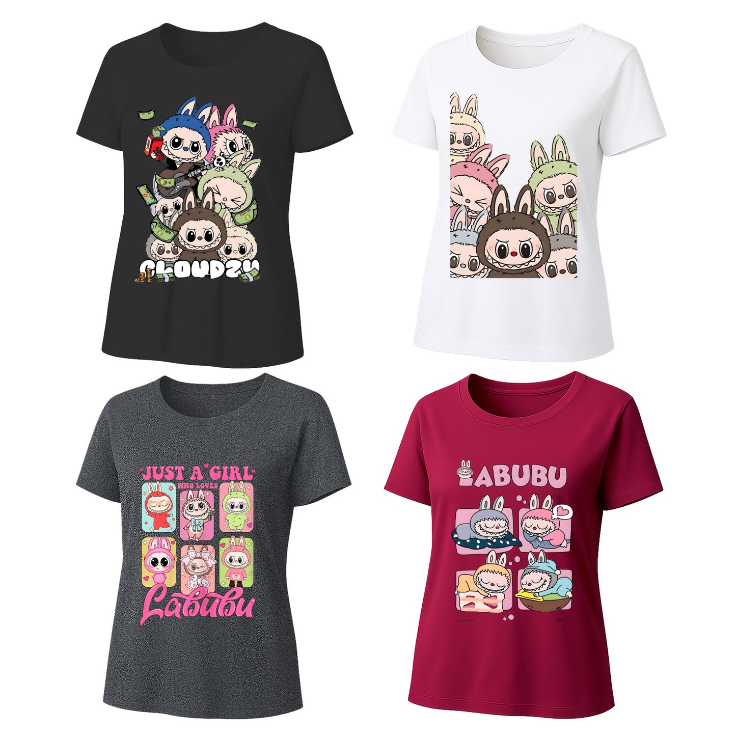 Labubu Graphic T-Shirts 4 Pack, Loose Fit Short Sleeve Tees with 4 Designs for Labubu Lover