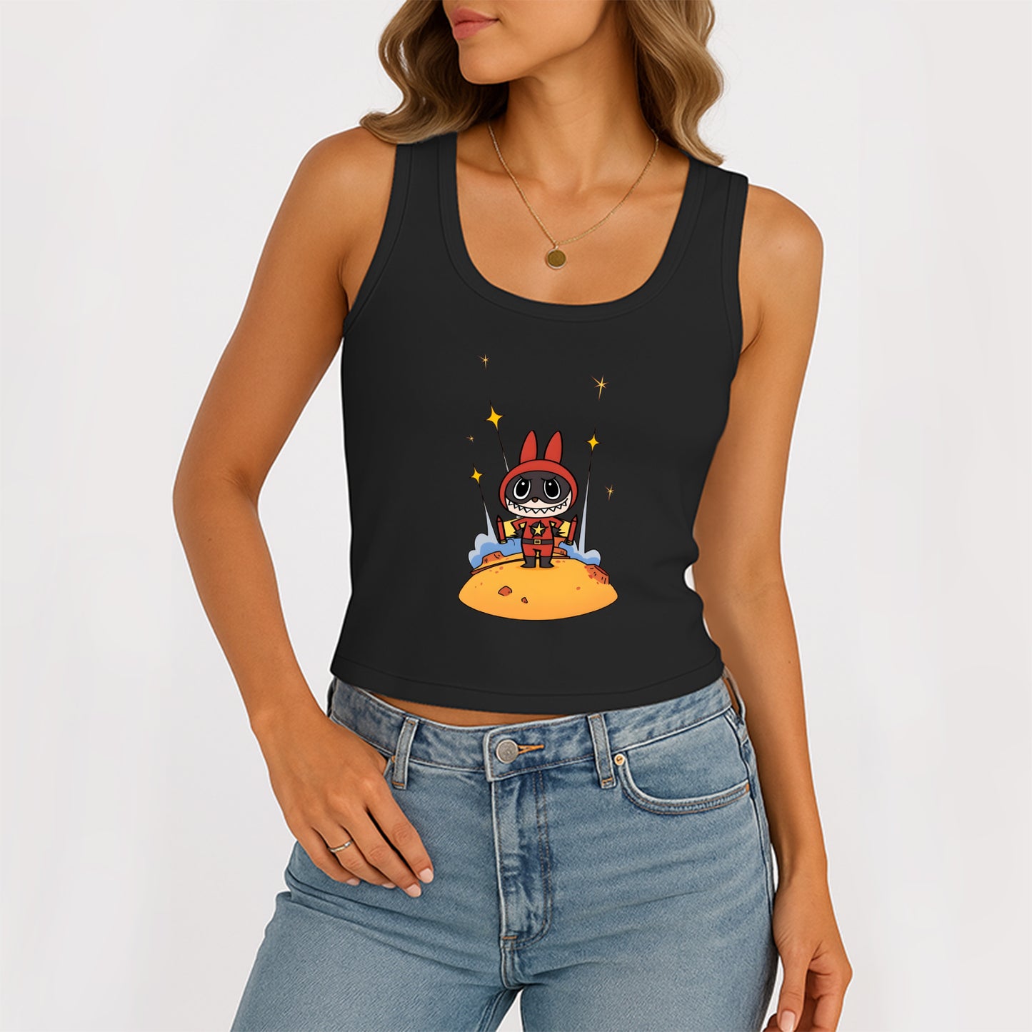 Super Labubu The Monsters Women's Sleeveless Scoop Neck Ribbed Tank Summer Basic Slim Cute Tops For Labubu Lover