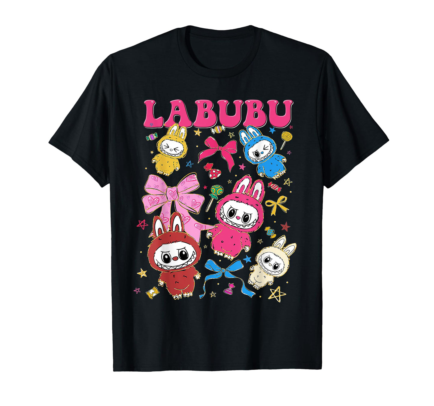 Cute Labubu The Monsters Crew Neck Short Sleeve T-Shirt Gift for Labubu Lover Black