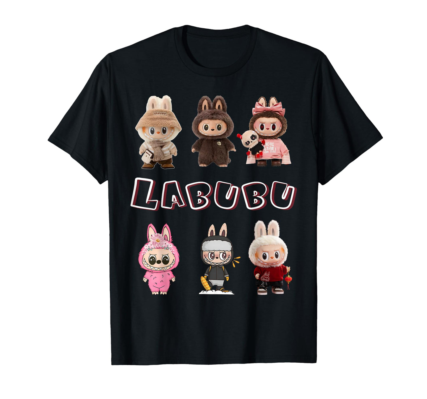 Cute Labubu The Monsters Crew Neck Short Sleeve T-Shirt Gift for Girlfriend Black
