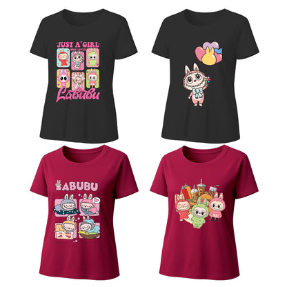 Labubu T-Shirt 4 Pack, Short Sleeve Crew Neck Tees, Summer Graphic Tops for Women, Unisex S-3XL