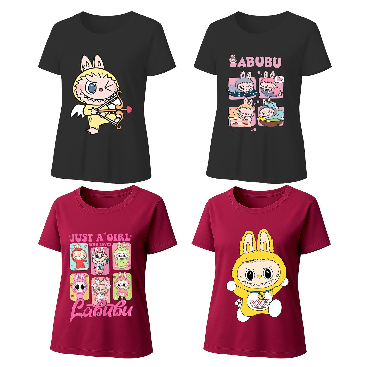 4 Pack Labubu Graphic T-Shirts, Loose Fit Short Sleeve Tees with 4 Designs for Labubu Lover