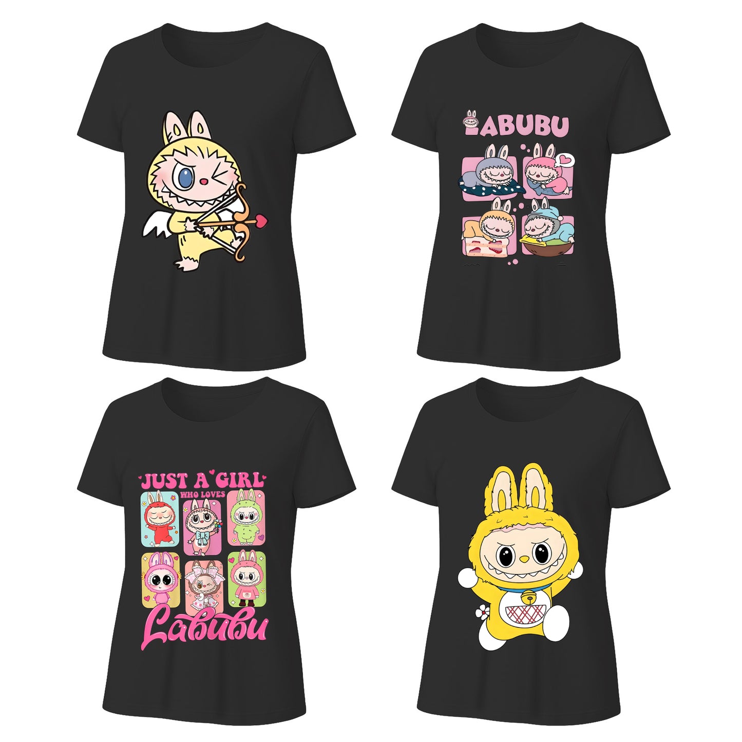 4 Pack Labubu Graphic T-Shirts, Loose Fit Short Sleeve Tees with 4 Designs for Labubu Lover
