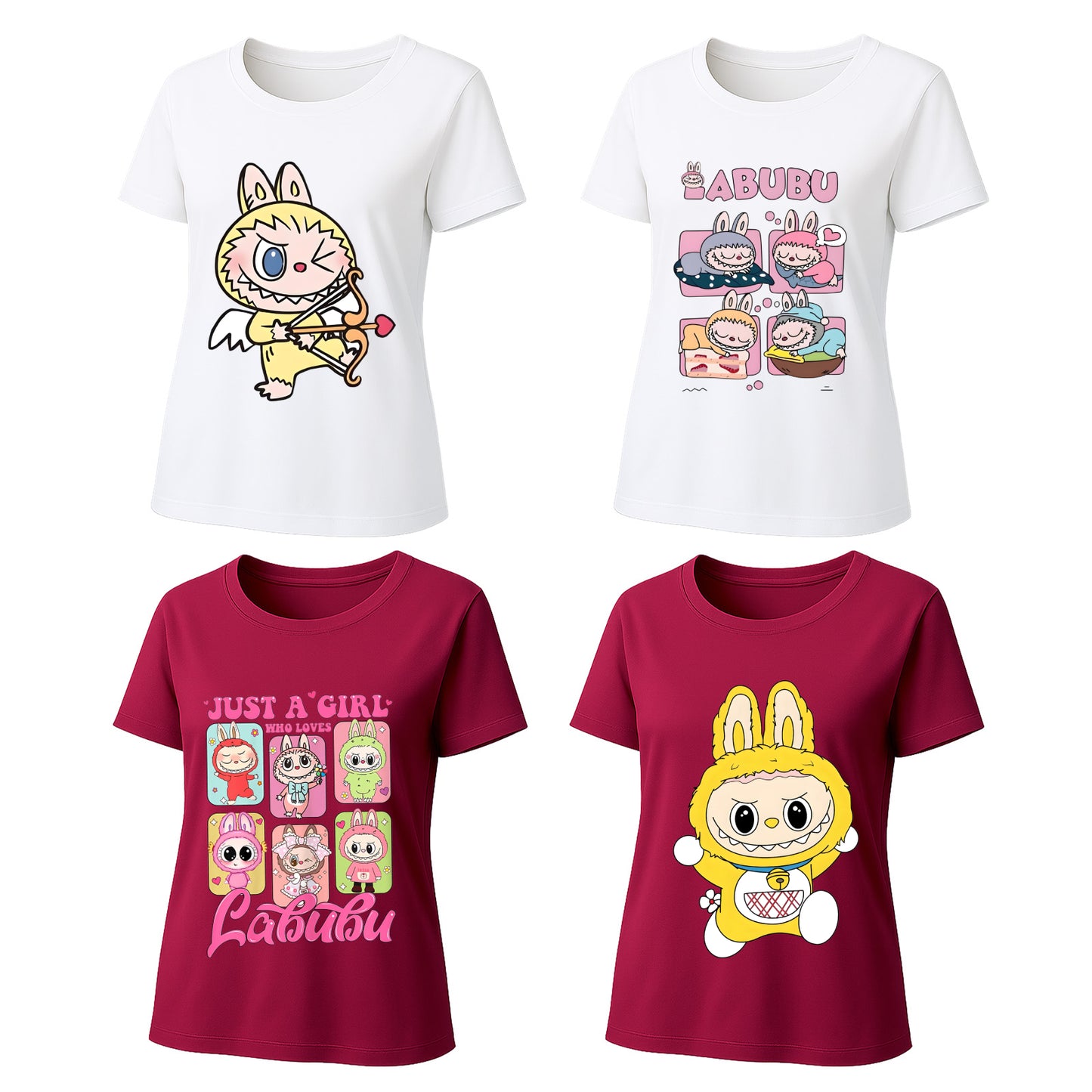 4 Pack Labubu Graphic T-Shirts, Loose Fit Short Sleeve Tees with 4 Designs for Labubu Lover