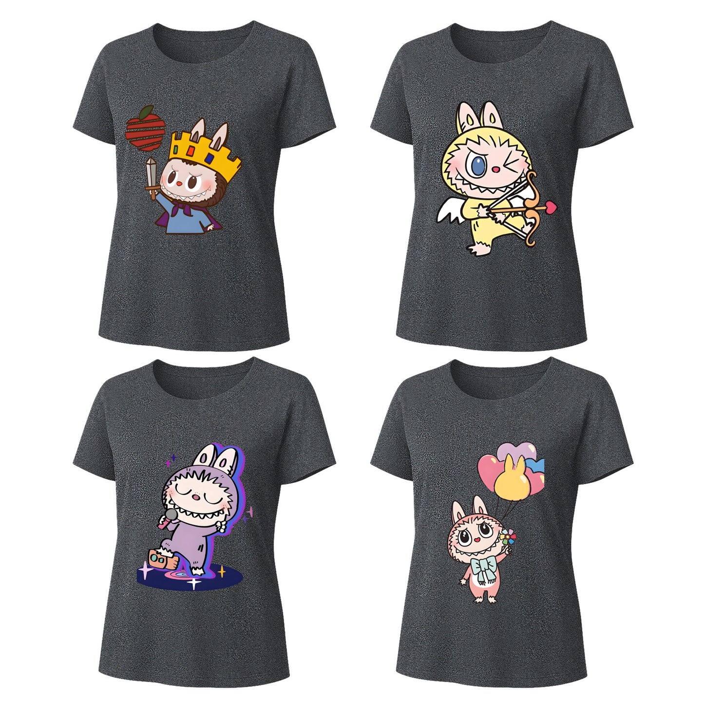 4 Pack Labubu Graphic T-Shirts Loose Fit Short Sleeve Summer Tees