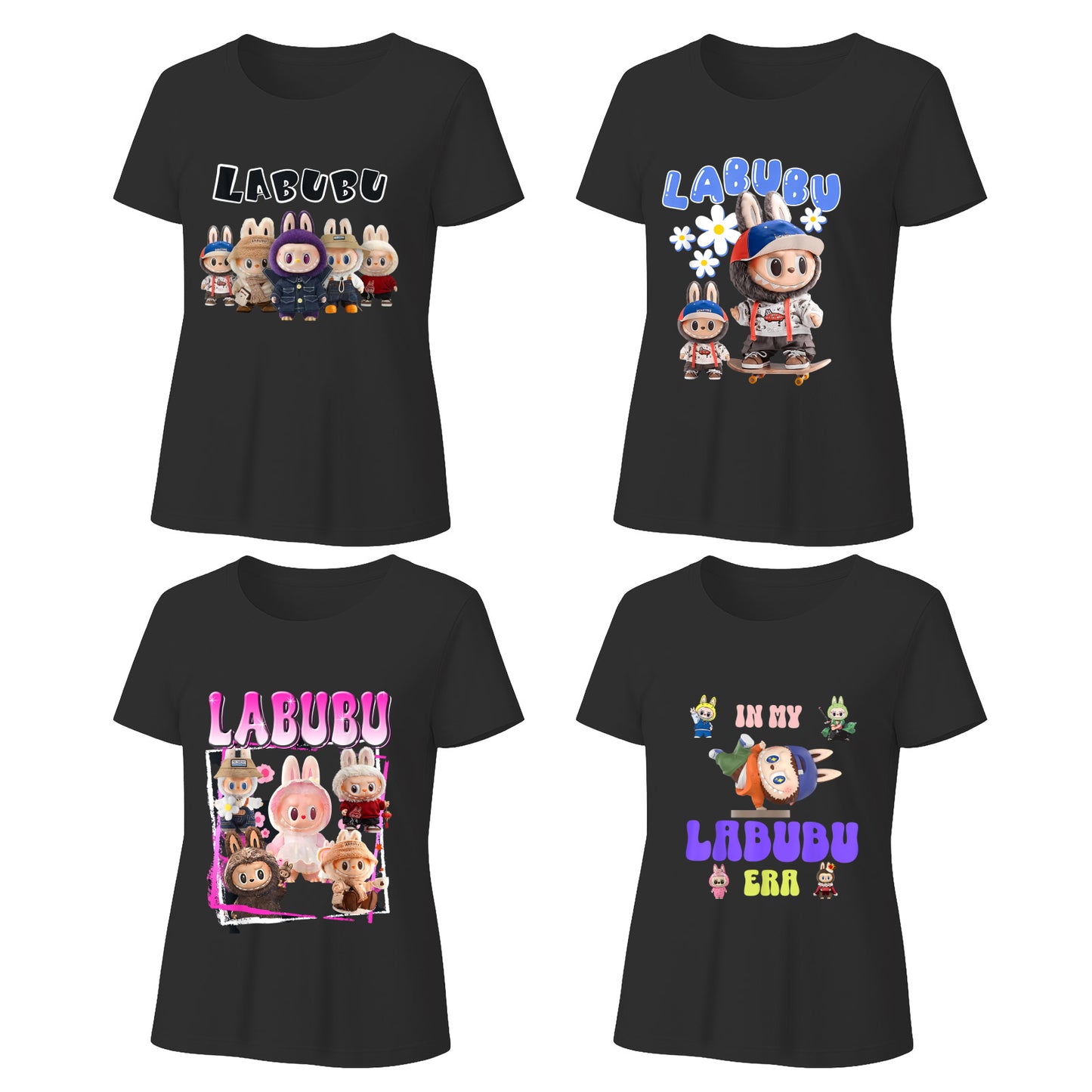 4 Pack 4 Labubu Graphic T-Shirts Loose Fit Short Sleeve Tees For Labubu Lover