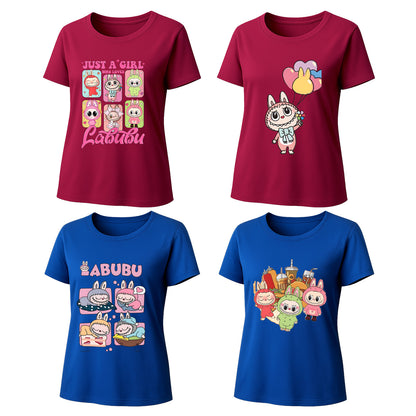 Labubu T-Shirt 4 Pack, Short Sleeve Crew Neck Tees, Summer Graphic Tops for Women, Unisex S-3XL