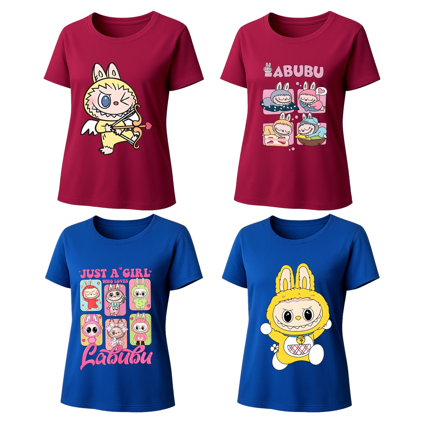 4 Pack Labubu Graphic T-Shirts, Loose Fit Short Sleeve Tees with 4 Designs for Labubu Lover