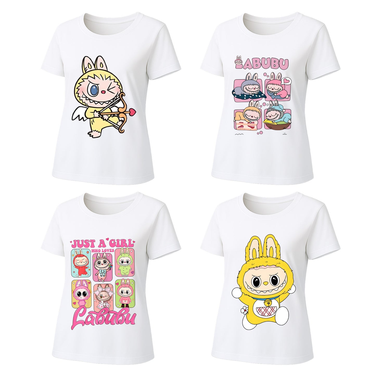 4 Pack Labubu Graphic T-Shirts, Loose Fit Short Sleeve Tees with 4 Designs for Labubu Lover
