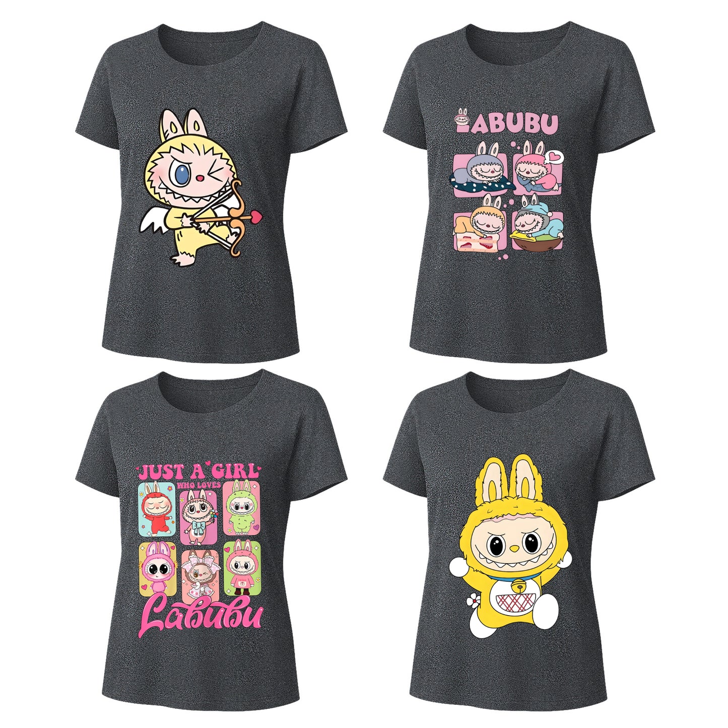 4 Pack Labubu Graphic T-Shirts, Loose Fit Short Sleeve Tees with 4 Designs for Labubu Lover