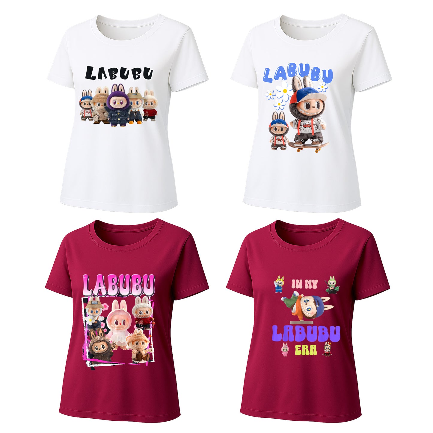 4 Pack 4 Labubu Graphic T-Shirts Loose Fit Short Sleeve Tees For Labubu Lover