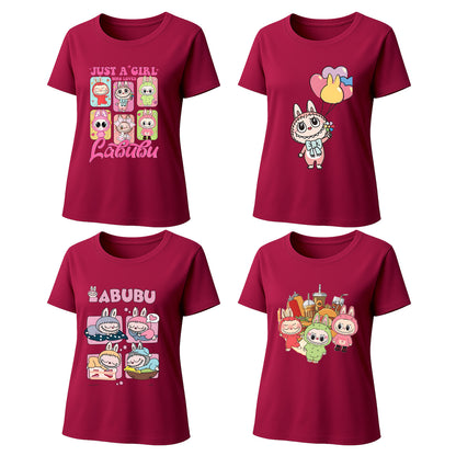 Labubu T-Shirt 4 Pack, Short Sleeve Crew Neck Tees, Summer Graphic Tops for Women, Unisex S-3XL