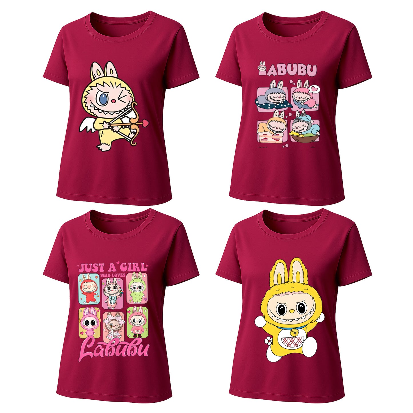 4 Pack Labubu Graphic T-Shirts, Loose Fit Short Sleeve Tees with 4 Designs for Labubu Lover