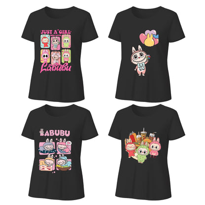 Labubu T-Shirt 4 Pack, Short Sleeve Crew Neck Tees, Summer Graphic Tops for Women, Unisex S-3XL