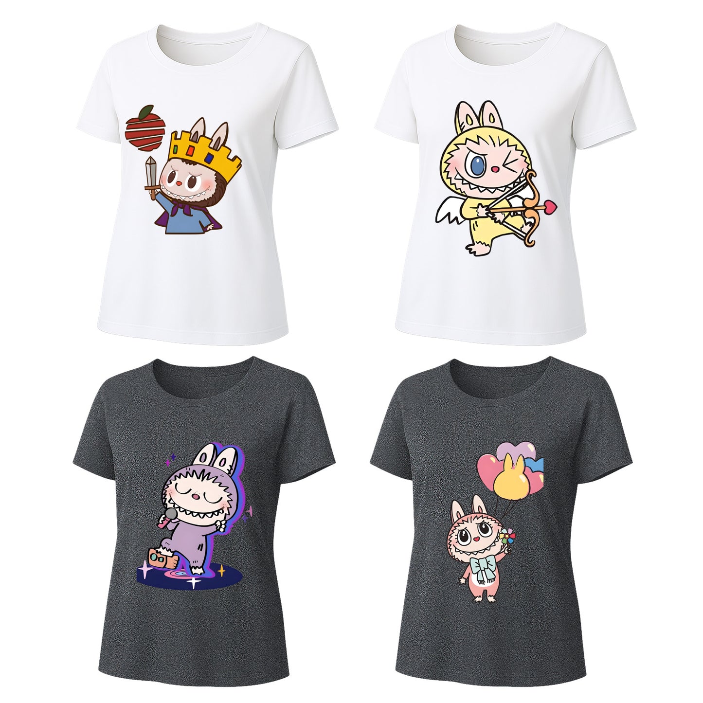 4 Pack Labubu Graphic T-Shirts Loose Fit Short Sleeve Summer Tees
