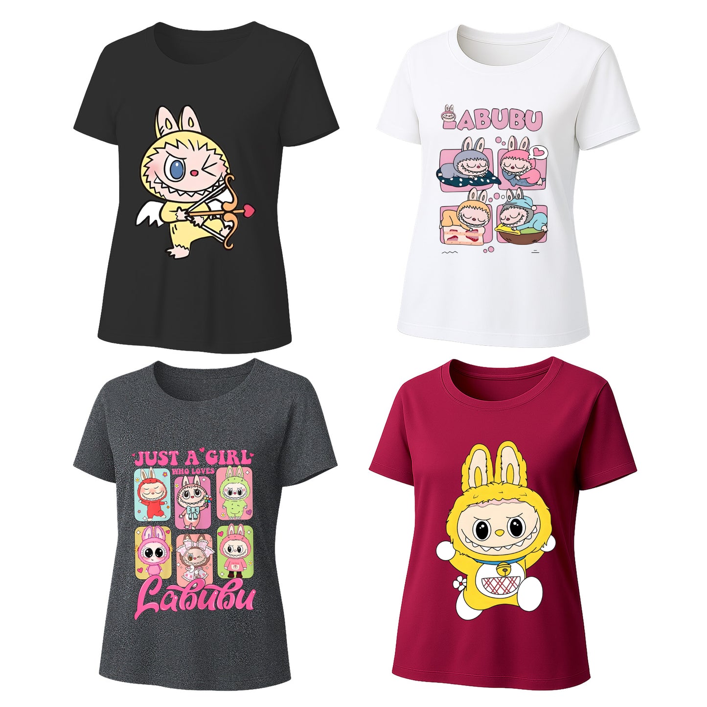 4 Pack Labubu Graphic T-Shirts, Loose Fit Short Sleeve Tees with 4 Designs for Labubu Lover