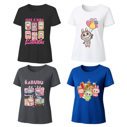 Labubu T-Shirt 4 Pack, Short Sleeve Crew Neck Tees, Summer Graphic Tops for Women, Unisex S-3XL