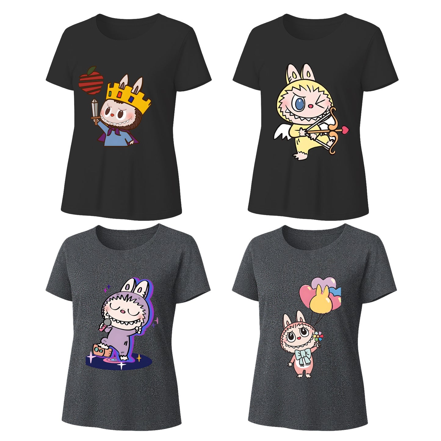 4 Pack Labubu Graphic T-Shirts Loose Fit Short Sleeve Summer Tees