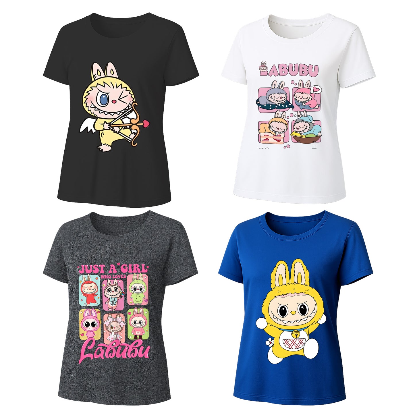4 Pack Labubu Graphic T-Shirts, Loose Fit Short Sleeve Tees with 4 Designs for Labubu Lover