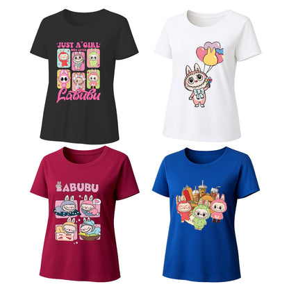 Labubu T-Shirt 4 Pack, Short Sleeve Crew Neck Tees, Summer Graphic Tops for Women, Unisex S-3XL