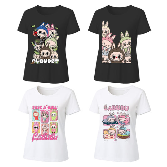Labubu Graphic T-Shirts 4 Pack, Loose Fit Short Sleeve Tees with 4 Designs for Labubu Lover