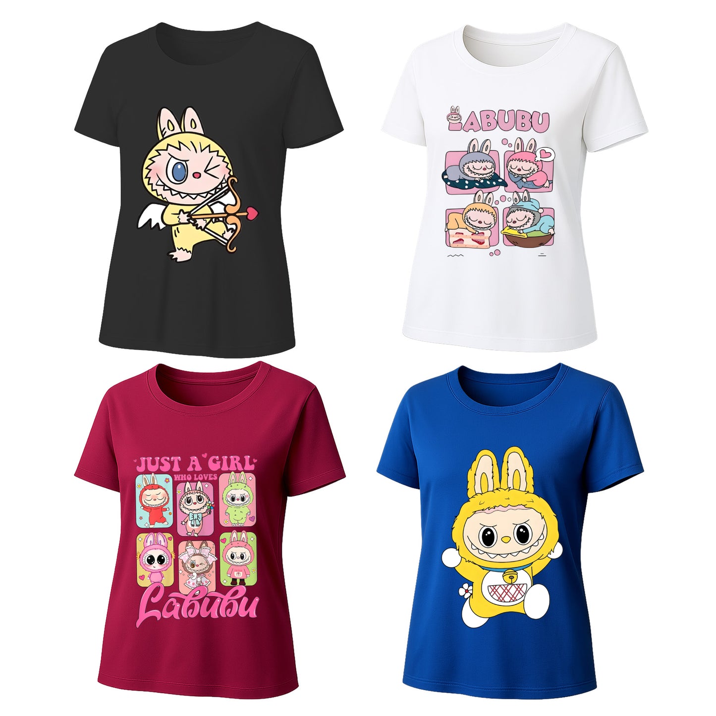 4 Pack Labubu Graphic T-Shirts, Loose Fit Short Sleeve Tees with 4 Designs for Labubu Lover