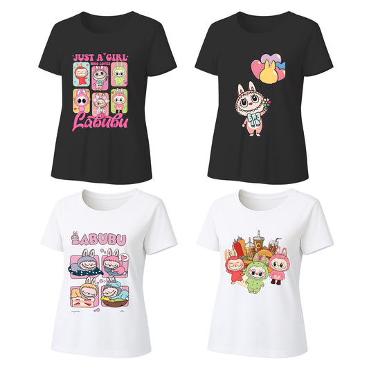 Labubu T-Shirt 4 Pack, Short Sleeve Crew Neck Tees, Summer Graphic Tops for Women, Unisex S-3XL