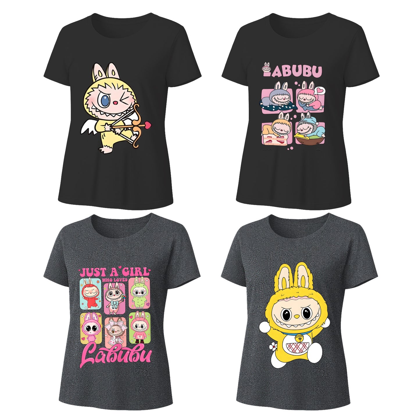 4 Pack Labubu Graphic T-Shirts, Loose Fit Short Sleeve Tees with 4 Designs for Labubu Lover