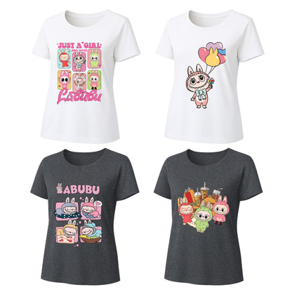 Labubu T-Shirt 4 Pack, Short Sleeve Crew Neck Tees, Summer Graphic Tops for Women, Unisex S-3XL