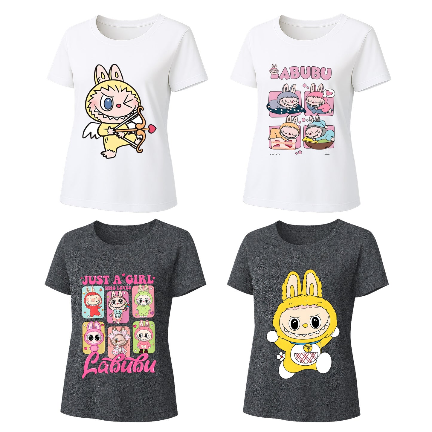 4 Pack Labubu Graphic T-Shirts, Loose Fit Short Sleeve Tees with 4 Designs for Labubu Lover