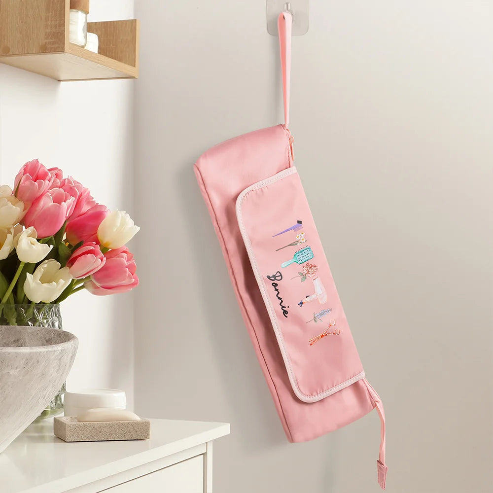 Personalized Stylish Birth Flower Hairdressing Element Portable Hair Tools Travel Bag with Name and Heat Resistant Mat Birthday Gift for Women