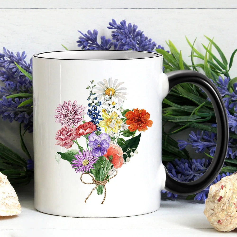 Personalized Ceramics Birth Flowers Bouquet Coffee Mug Gift for Mom, Grandma