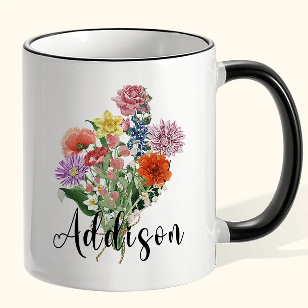 Personalized Ceramics Birth Flowers Bouquet Coffee Mug Gift for Mom, Grandma