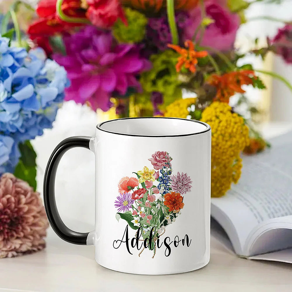 Personalized Ceramics Birth Flowers Bouquet Coffee Mug Gift for Mom, Grandma