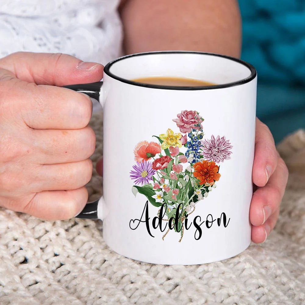 Personalized Ceramics Birth Flowers Bouquet Coffee Mug Gift for Mom, Grandma