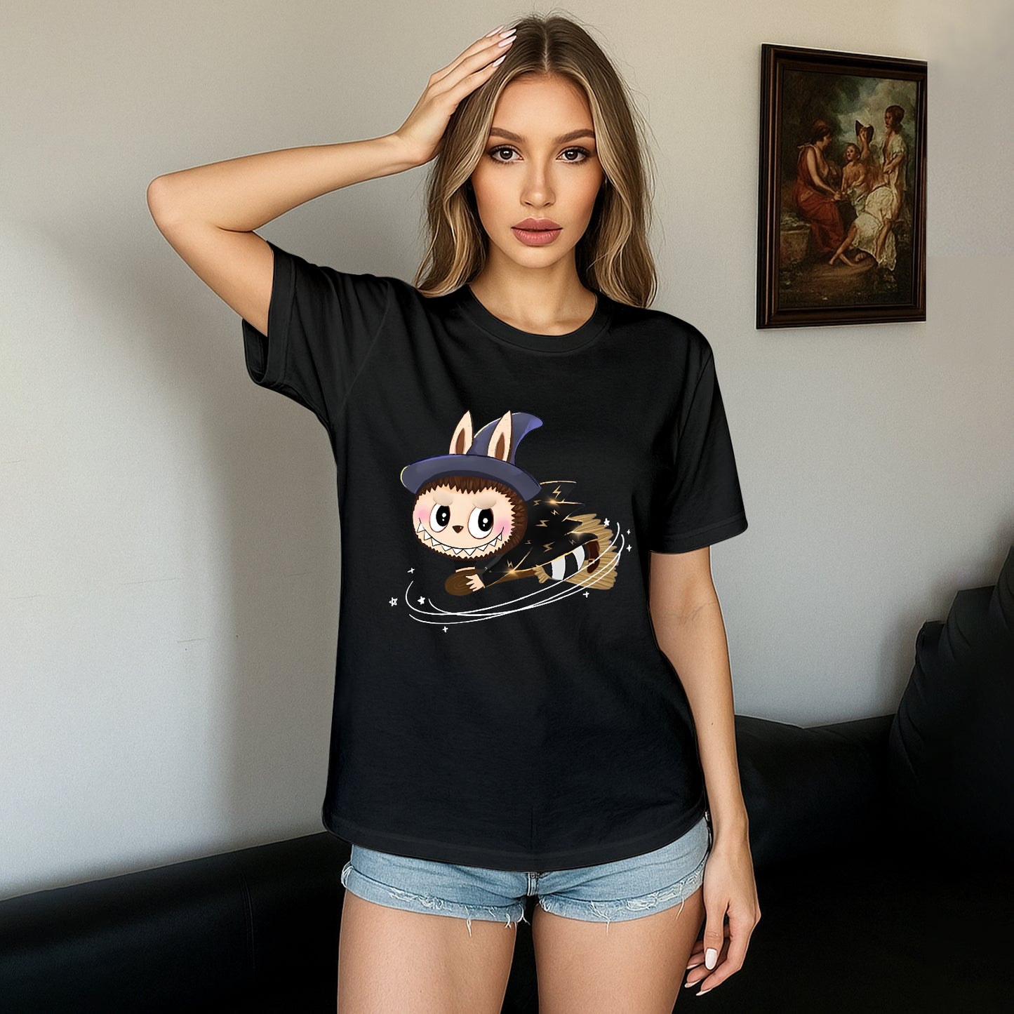 Broom-Riding Labubu The Monsters Crew Neck Short Sleeve T-Shirt For Labubu Lover Gifts For Girlfriend