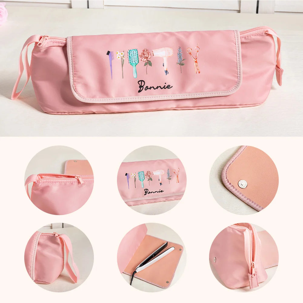 Personalized Stylish Birth Flower Hairdressing Element Portable Hair Tools Travel Bag with Name and Heat Resistant Mat Birthday Gift for Women